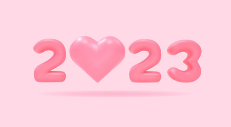 Happy new year 2023, 3d vector pink number. Realistic shiny figures and heart render. Illustration for greeting card, banner, cover.のイラスト素材