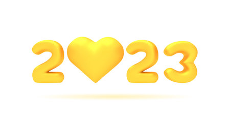 Happy new year 2023, 3d vector golden number. Realistic shiny figures and heart render. Illustration...