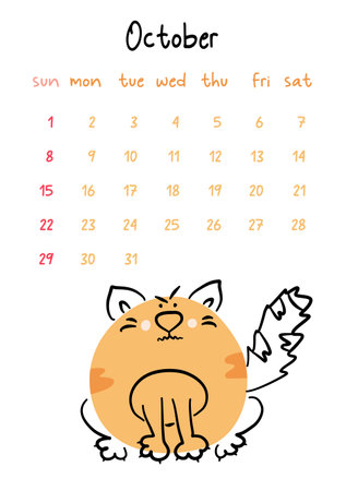 Vertical vector calendar for october 2023 with cartoon ginger cat. Funny hand drawn angry pet. Week starts on Sunday. For size a4,a5,a3.のイラスト素材