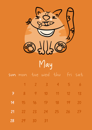 Vertical vector calendar for may 2023 with cartoon ginger cat. Funny hand drawn pet with a fish in mouth. Week starts on Sunday. For size a4,a5,a3.のイラスト素材