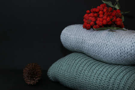 Autumn still life. Red mountain ash, a bump and a knitted sweater isolated on a black background