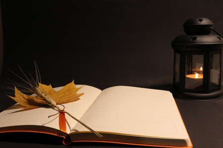 Notepad, yellow maple leaf, wheat spike and candle isolated on black backgroundの写真素材