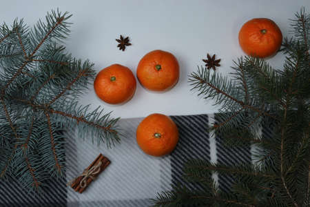 Spruce branches, cones, cinnamon, anise and tangerines on a black and white plaid plaid isolated on...