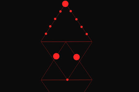 Red circles and triangles isolated on a black background. Randomly placed geometric shapes