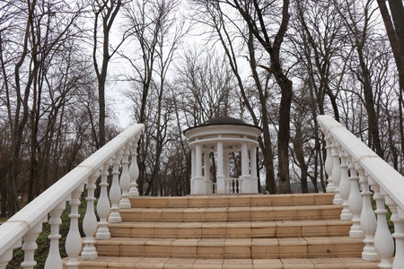 White marble staircase in the park, close-up. Spring landscape.の写真素材