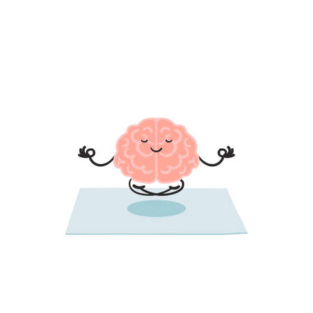 Keep calm concept.Meditating cartoon brain in lotus position. Clip art illustration isolated on white background.Flat illustration character icon design.のイラスト素材