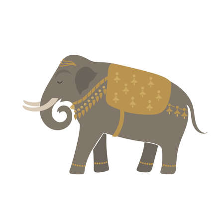 Elephant vector silhouette isolated on white background. Indian or African elephant with veil and decorations.のイラスト素材