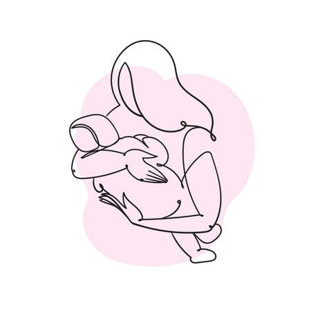 Abstract vector illustration with mom and baby isolated on white background. One line art drawing with abstract shape.のイラスト素材