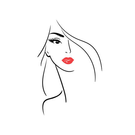 Beautiful woman face with red lips. Line illustration. Stock illustration isolated on white background. Vector Sketch. Long eyelashes.のイラスト素材