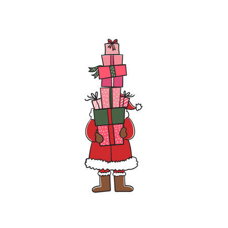 Santa Claus carries many gifts. Stock illustration isolated on white background. Hand drawing of a holiday card. Christmas holidays concept,new yearのイラスト素材
