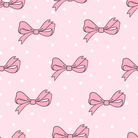 Seamless pattern with pink bows, ribbons and dots.Stock illustration.Festive background for packaging,design.のイラスト素材