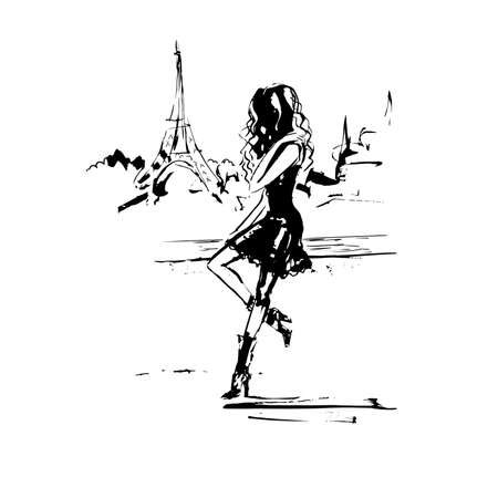 Hand drawing woman and Eiffel Tower. France concept. Paris. Black and white stock vector illustration isolated on white background.のイラスト素材