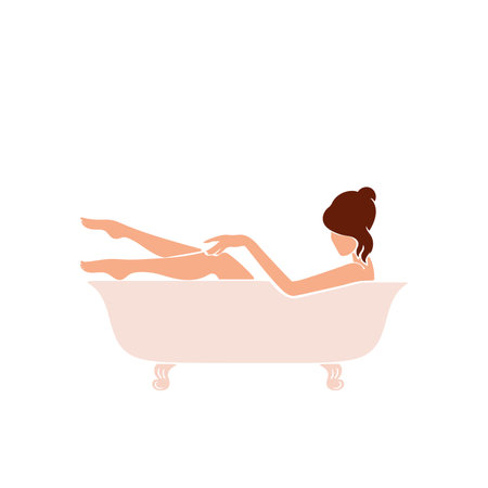 Beautiful woman lies in the bath. The lady is bathing. Stock vector flat illustration isolated on white background.のイラスト素材