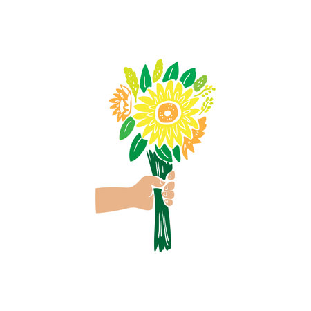 Bouquet of sunflowers in hand. Modern illustration isolated on white background.Stock vector illustration.のイラスト素材