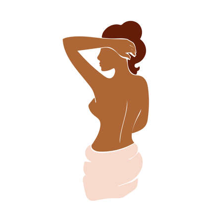 A beautiful woman stands with her back in a bath towel. Stock vector illustration isolated on white background.woman body spa treatment for beauty skin back view.のイラスト素材