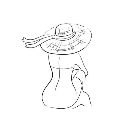 A woman in a hat sits with her back. Stock vector illustration isolated on white background.のイラスト素材
