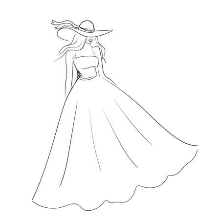 A beautiful woman in a magnificent dress. Stock vector illustration isolated on white background. Linear illustration.のイラスト素材