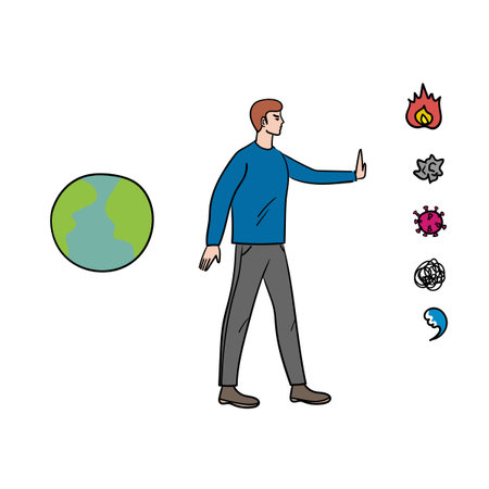 Eco friendly lifestyle and protecting the environment.Stop fire, garbage, coronavirus, waste, plastic, flood, pollution.Stock vector illustration.のイラスト素材
