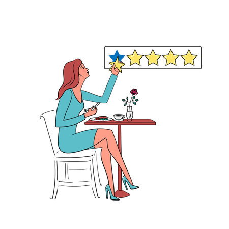 Food Critic, Taster Making Opinion on Food, Wine, Drinks. Blogger Making Review and Ranking Restaurant Cuisine, Product Degustation. Cartoon People Vector Illustration.のイラスト素材