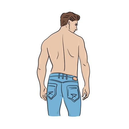 Athletic handsome guy with muscular naked torso in jeans stands with his back. Stock vector illustration isolated on blom background.のイラスト素材