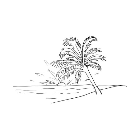 Beach with palm trees. Sea sunset. One line.Stock vector illustration.のイラスト素材