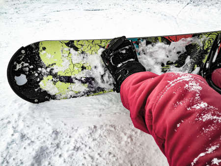Snowboard. Winter background. Ski resort. Descent from a high mountain.の写真素材