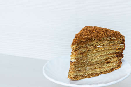 A slice of delicious honey cake close-up. Place to write