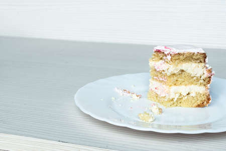 A slice of vanilla cake with butter creamの写真素材