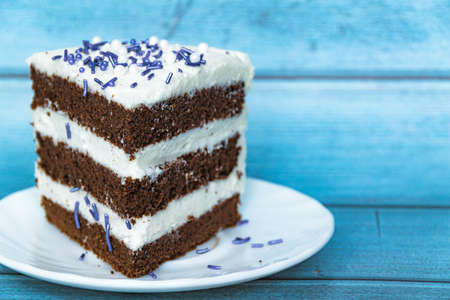 A piece of chocolate sponge cake with a layer of butter cream located on the left. Purple sprinkles. Blue background.の写真素材