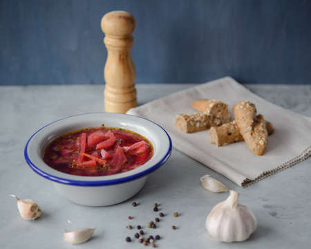 Borsch in blue plate