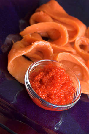 red caviar and smoked salmonの写真素材