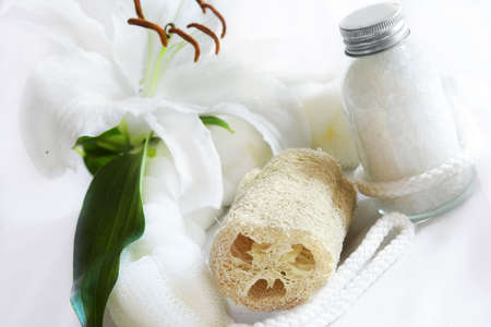 spa items, loofah and bath salt