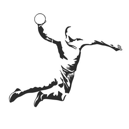 illustration of man playing handball . black and white drawing, white backgroundのイラスト素材