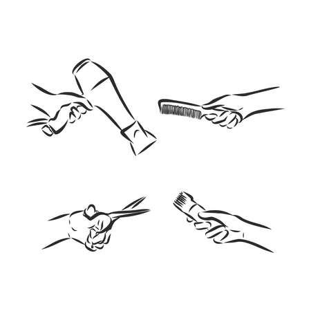 Hand collection. Hands holding hairdresser tools. Concept hair salon, beauty salon, haircut , styling and hair care. Isolated circuit. Vectorのイラスト素材