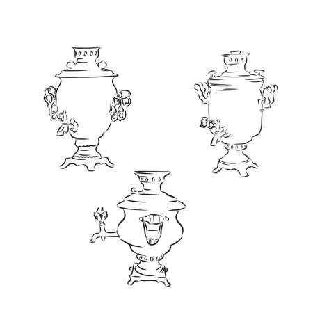 Hand drawn teapots and cups collection, including different teapots tea and coffee cups. Doodle outline collection.のイラスト素材