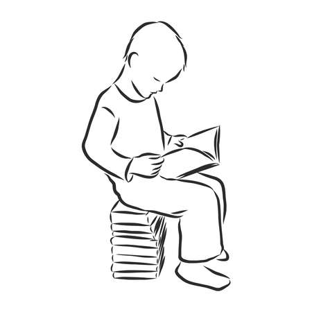 Boy studying with reading book. Back to school concept. Continuous line drawing. Vector illustration on white backgroundのイラスト素材