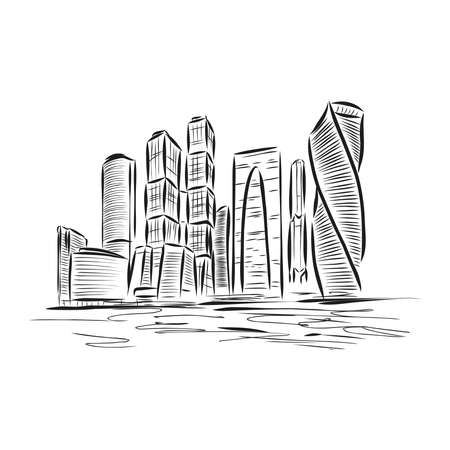 Moscow city Moscow International Business Center , Russia. Skyscrapers on the bank of the Moscow river. Sketch by hand. Vector illustration. Engraving styleのイラスト素材