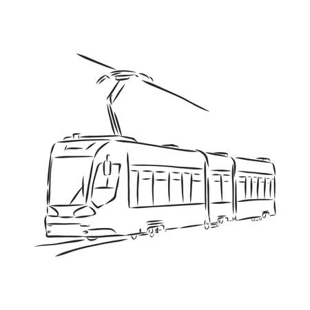 Isolated vector illustration of a tram. Public urban transportation. Hand drawn linear doodle ink sketch. Black silhouette on white background. tram vector sketch illustrationのイラスト素材