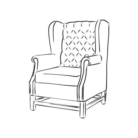 Sketch chair in linear style, outline drawing in black on a white background. Upholstered furniture for sitting, relaxing. Silhouette. vector.のイラスト素材