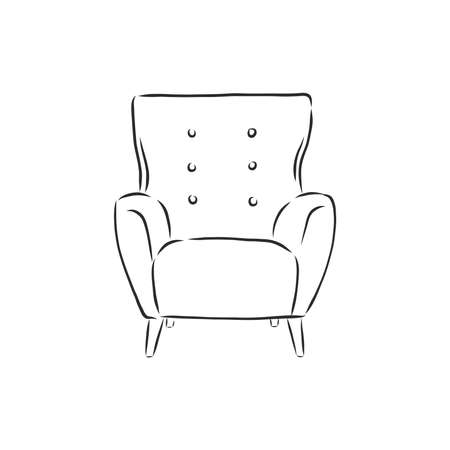 Sketch chair in linear style, outline drawing in black on a white background. Upholstered furniture for sitting, relaxing. Silhouette. vector.のイラスト素材