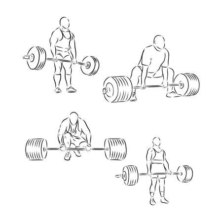 Sporty man lifting a heavy weight barbell in the gym. Strong sportsman doing exercise with barbell. Male weightlifter holding a barbell. Hand drawn vector sketch illustration on white background.のイラスト素材