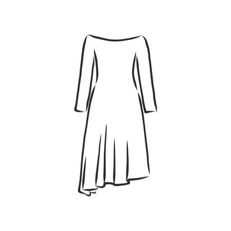 Sketches collection of women's dresses. Hand drawn vector illustration. Black outline drawing isolated on white backgroundのイラスト素材