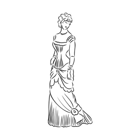 Antique dressed lady. Old fashion vector illustration. Victorian woman in historical dress. Vintage stylized drawing, retro woodcut styleのイラスト素材