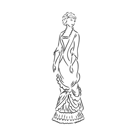Antique dressed lady. Old fashion vector illustration. Victorian woman in historical dress. Vintage stylized drawing, retro woodcut styleのイラスト素材