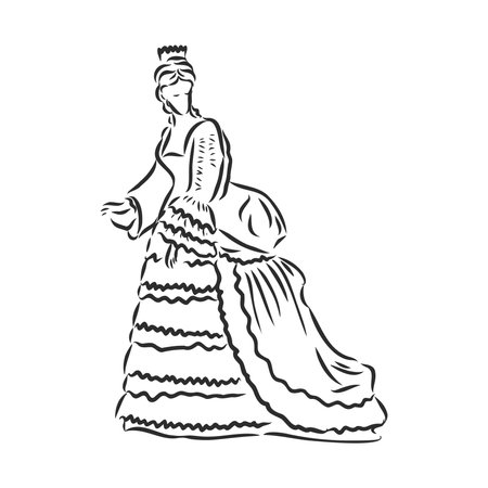 Antique dressed lady. Old fashion vector illustration. Victorian woman in historical dress. Vintage stylized drawing, retro woodcut styleのイラスト素材