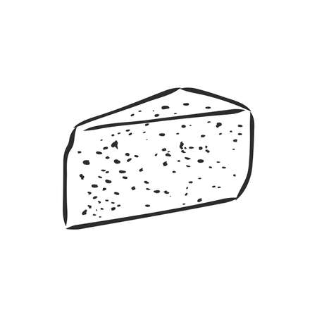 Hand drawn piece of Swiss cheese, sketch style vector illustration isolated on white background. Realistic hand drawing of an triangle chunk of fresh cheese with big holesのイラスト素材