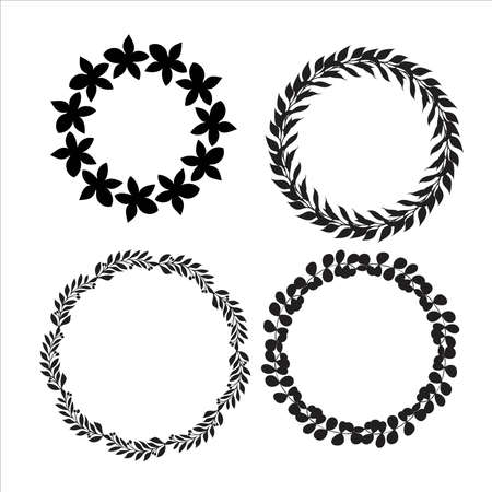 Hand drawn vector round frame. Floral wreath with leaves, berries, branches Decorative elements for design. Ink, vintage and rustic styles.のイラスト素材