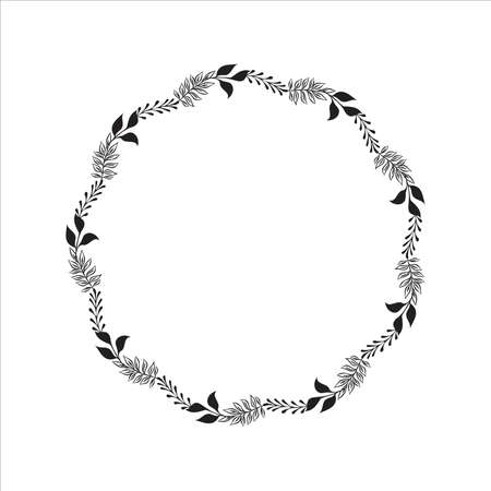 Hand drawn vector round frame. Floral wreath with leaves, berries, branches Decorative elements for design. Ink, vintage and rustic styles.のイラスト素材