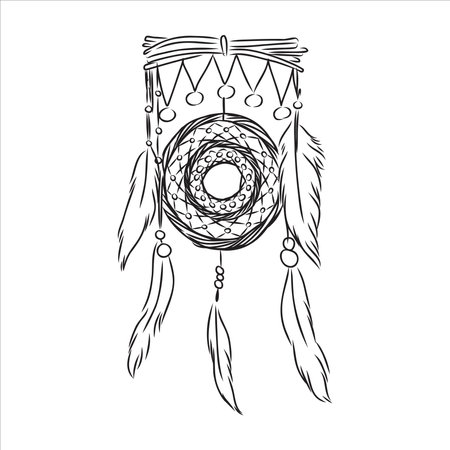 Ethnic Boho dream catcher with feathers. American Indian symbol in sketch style. Vector illustration isolated on white background. Hand drawn.のイラスト素材