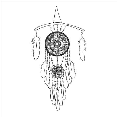Ethnic Boho dream catcher with feathers. American Indian symbol in sketch style. Vector illustration isolated on white background. Hand drawn.のイラスト素材
